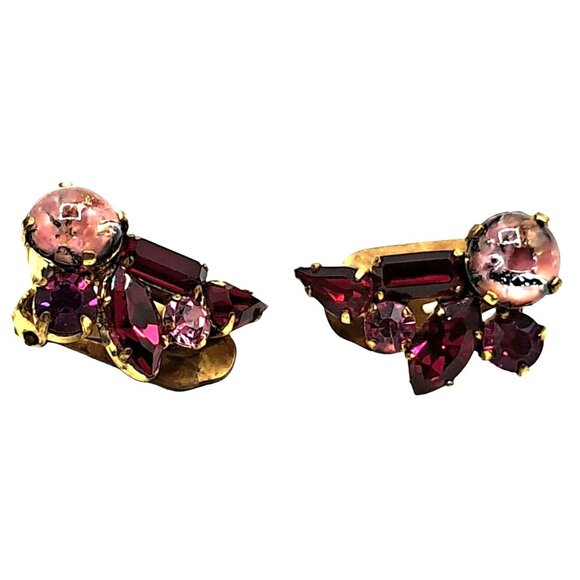 Vintage Austria Rhinestone Earrings Art Glass Dragons Breath Pink Red Clip On Si - Picture 5 of 12